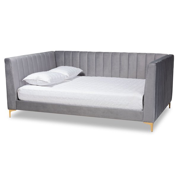 Baxton Studio Oksana Modern Contemporary Glam and Luxe Light Grey Velvet Fabric and Gold Finished Full Size Daybed 174-10982-Zoro